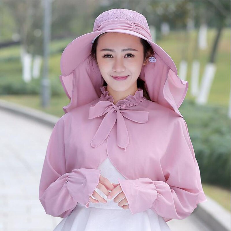 SUOGRY-Sombrero de sol con agujeros para mujer, Anti UV de protección solar, traje con chal