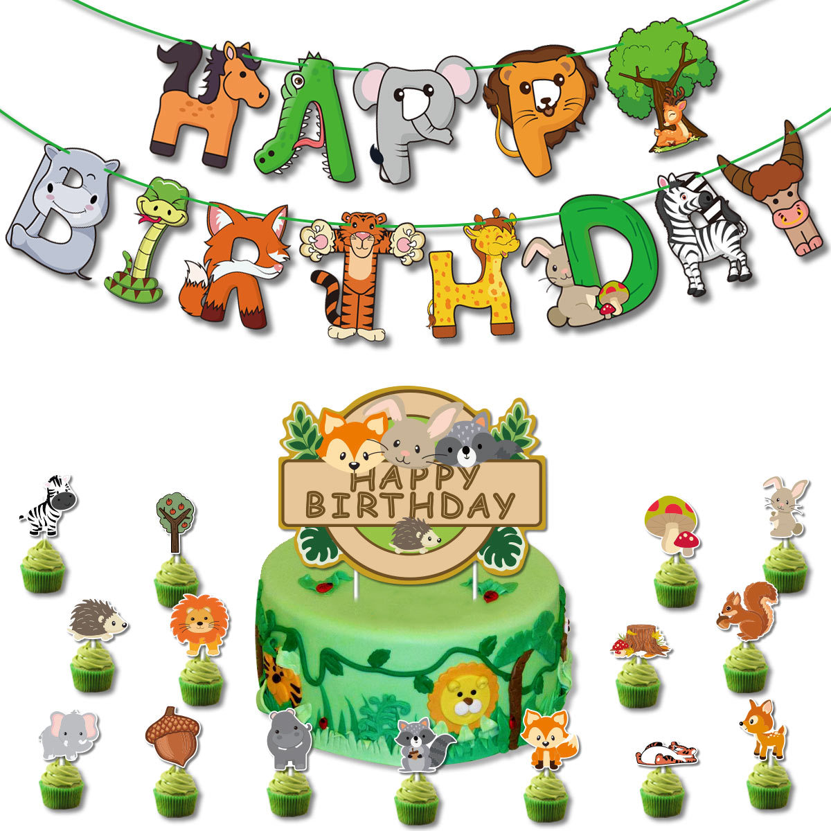 Jungle Safari Cupcake Topper Happy Birthday Banner Animal Cake Flags For Birthday Party Decorations Kids Boy Favors Supplies