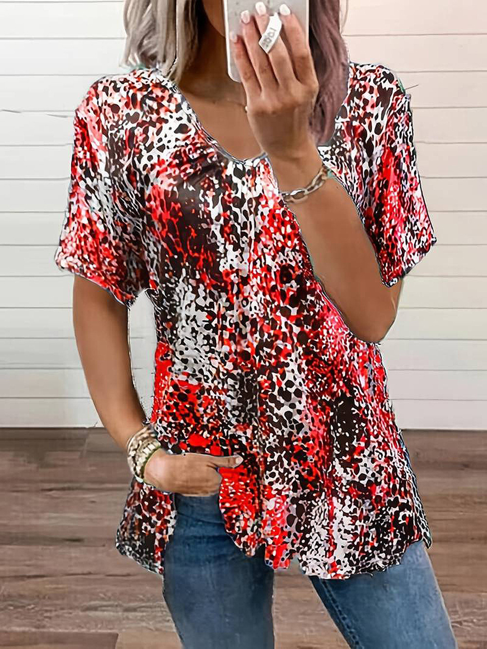 Veste Plissée à Manches Courtes et Imprimé Léopard, Grande Taille, pour l'Été, Europe et États-Unis: L / Rouge
