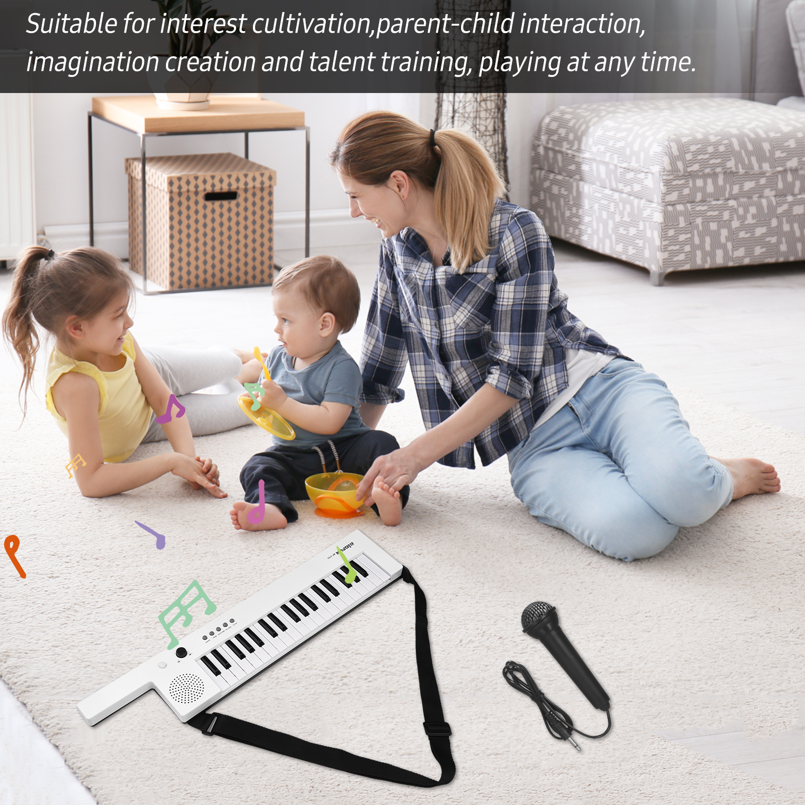 37-Key Electronic Keyboard Piano Guitar-Shaped Children&#39;s Piano with Shoulder Strap Mini Microphone Audio &amp; Headphone Jack