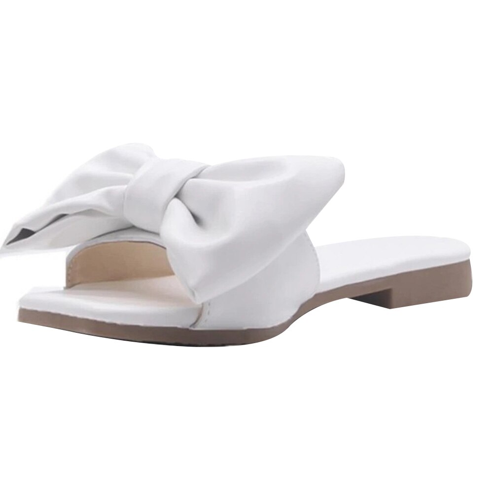 Été femmes sandales bout carré dames talon Mules nœud plat bas talon sandales pantoufles femme femme chaussures D30: WHITE / 6