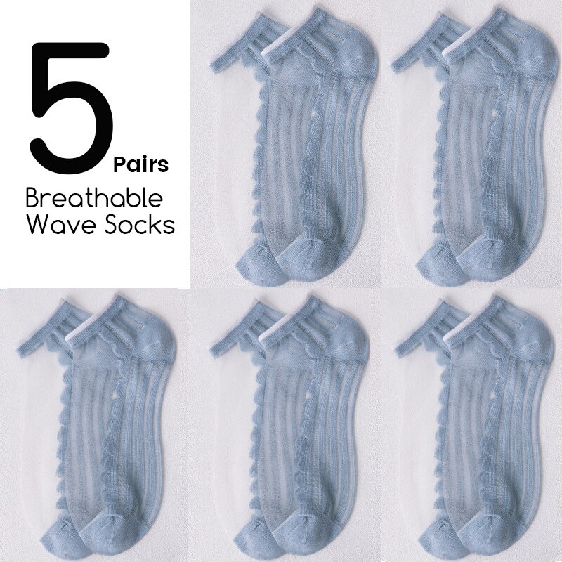 5Pairs/Lot Women Socks for summer Ultra-thin Transparent Cass Glass fiber Silk Socks daisy Flower Japan Ankle Socks: 384-wave