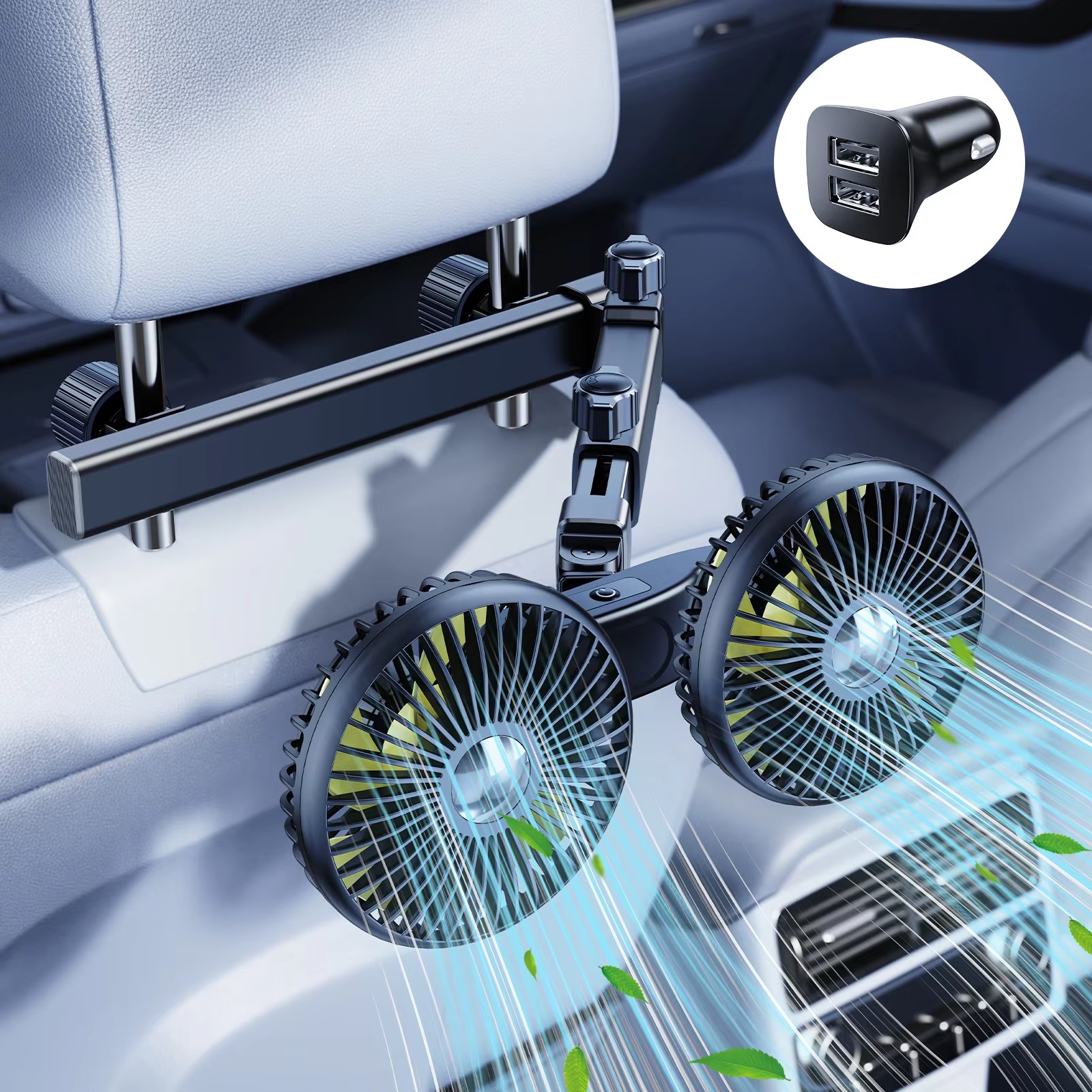 Eary-ventilador de doble cabezal para coche, soporte para reposacabezas del asiento trasero, carga USB, brazo largo, ajustable, viento de 3 velocidades, potente ventilador de refrigeración de aire: Blanco