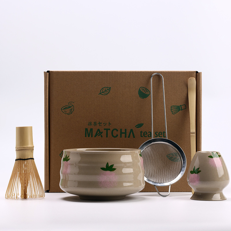 Vintage Matcha Ceramic Set Chawan Bamboo Matcha Whisk Scoop Holder Bamboo Brush Teaspoon and Sieve Matcha Teaset Giftbox: Dark Khaki