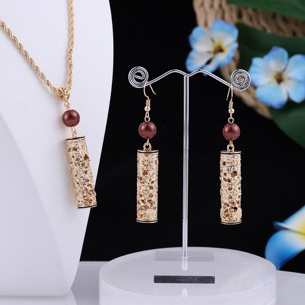 Cring Coco Earrings Necklace Set Hawaiian Polynesian Samoa Gold Hollow out Pearl Pendant Necklace Jewelry Set for Women: ZH0533GOBR