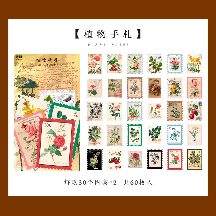 60 x kasvimuistiinpanosarjaa bullet journal koristeellisia paperitarvikkeita tarroja scrapbooking-päiväkirja albumi vintage-leimasin kukkatarrat: 4