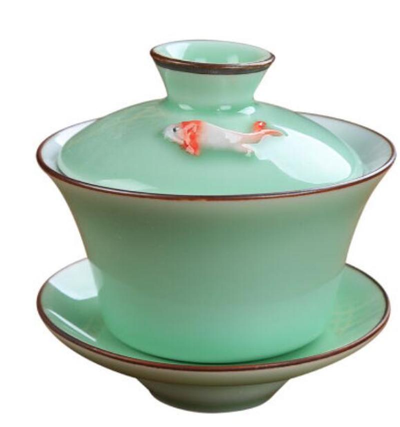 Celadon Gaiwan Teaset,kungfu Tea Bowl of Jingdezhen Blue and White Porcelain Tea Glass Ceramic White Porcelain Three of The Bowl