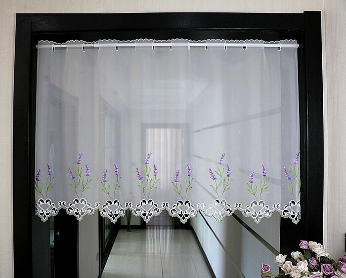 Half-gordijn Paarse Lavendel Bloem Borduren Hollow Kant Zoom Koffie Gordijn Tule Gordijn voor Bruiloft Keukenkast Deur: Transparent / H150 x W150 cm