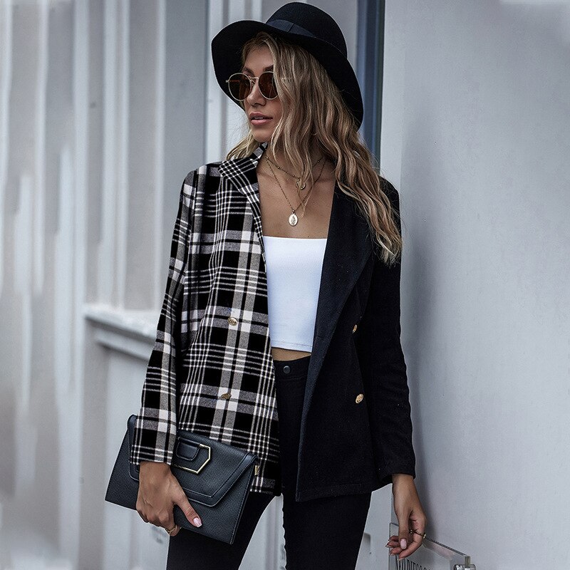 Alwaysq sort hvid gingham splice blazer overtøj kvinder kontor dame efterår forår dobbeltradet plaid casual frakker blazere: Hvid sort / Xl