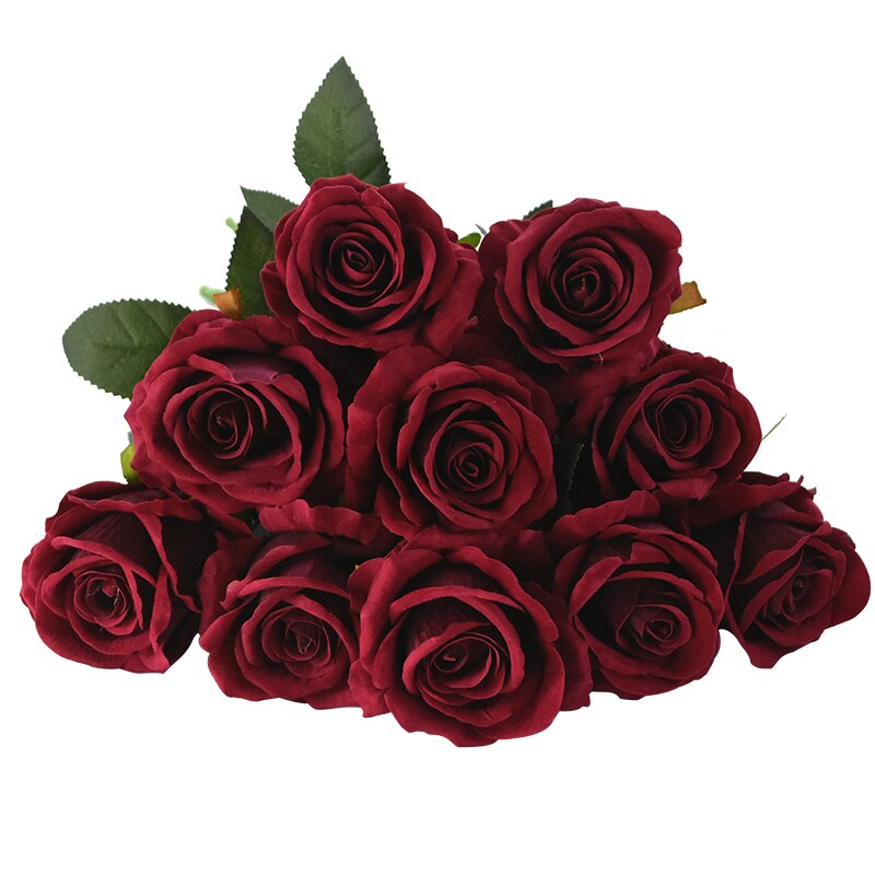 10 stk real touch rose blomster flannel blomster buket enkelt hoved rose kunstige blomster bundt til bryllup dekoration boligindretning: F09