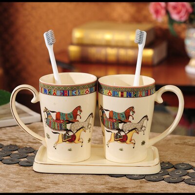 Juego de accesorios de baño de cerámica para cepillos de dientes taza de gárgaras con bandeja estilo europeo 3 piezas Set de de boda: 3 Pieces Set B