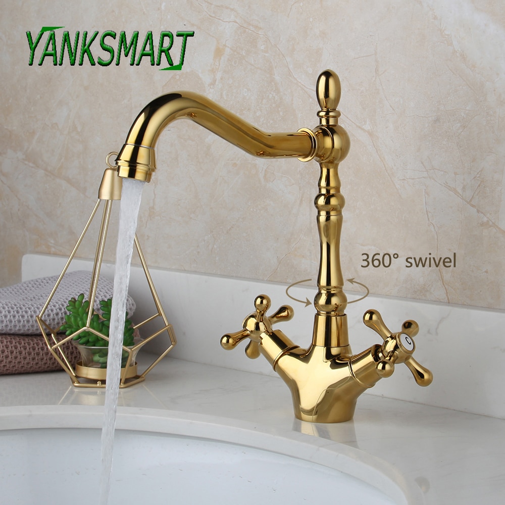 YANKSMART Golden Gepolijst 360 Swivel Badkamer Basin Wastafel Kraan Badrandcombinaties Dual Handle Keuken Kranen Warm &amp; koud Mengkraan