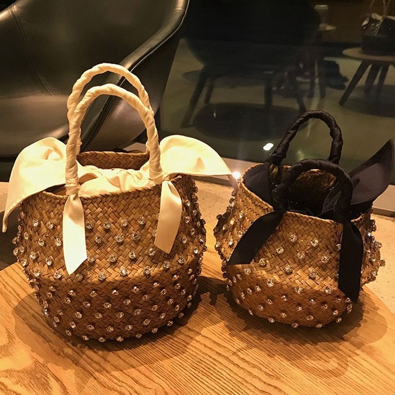 Bolso de paja adornado a mano, bolso playero para vacaciones de verano con perlas, bolso de punto para mujer, bolso de con diamantes, bolsos de mano populares