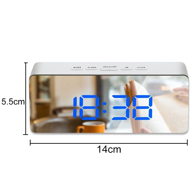 Digital Mirror Alarm Clock LED Display 5Fuctions Button Desk Clock Temperature Calendar Snooze Thermometer with USB 14x50x3.4cm: F2