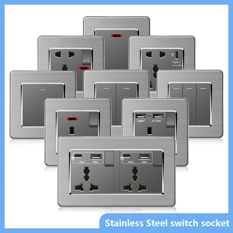 Universal Wall Light Switch Brushed Stainless steel Panel,UK Type-c 18W Quick Charging Socket 220V Double USB Electrical Outlet