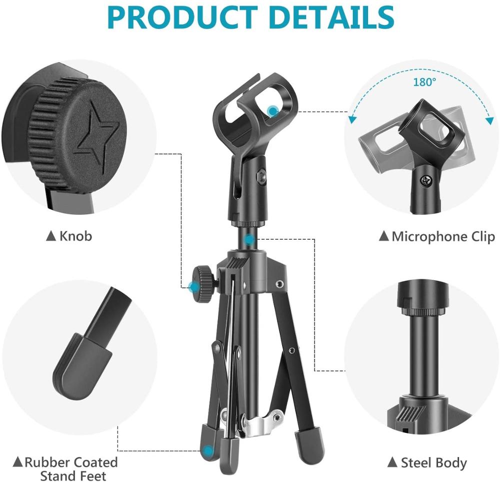 Mini Metal Foldable Desktop Tabletop Tripod Microphone Mic Stand with Mic Clip Holder, Durable Iron Construction, 3/8-inch and 5