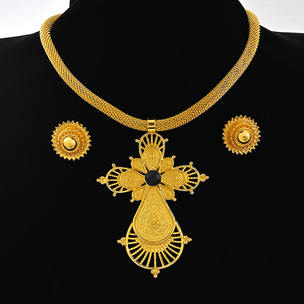 Saoedi-Arabië 24K Goud Kleur Ethiopië Vrouwen Sieraden Ketting Oorbel Afrikaanse Arabische Bruids Set Habesha Eritrea Party