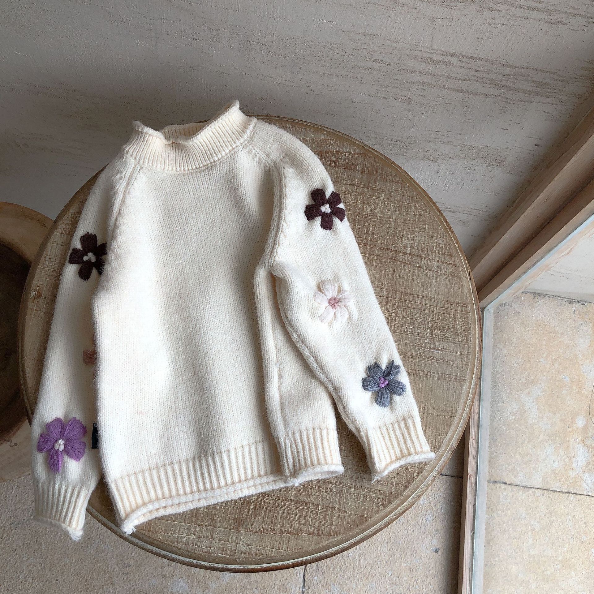 2020 nuovo Bambino di Inverno Delle Ragazze Lavorato A Maglia Pullover Maglie E Maglioni Stile Coreano Crochet Dolcevita Collare Magliette E Camicette Bambini Bambini Maglione Caldo: Beige / 4T