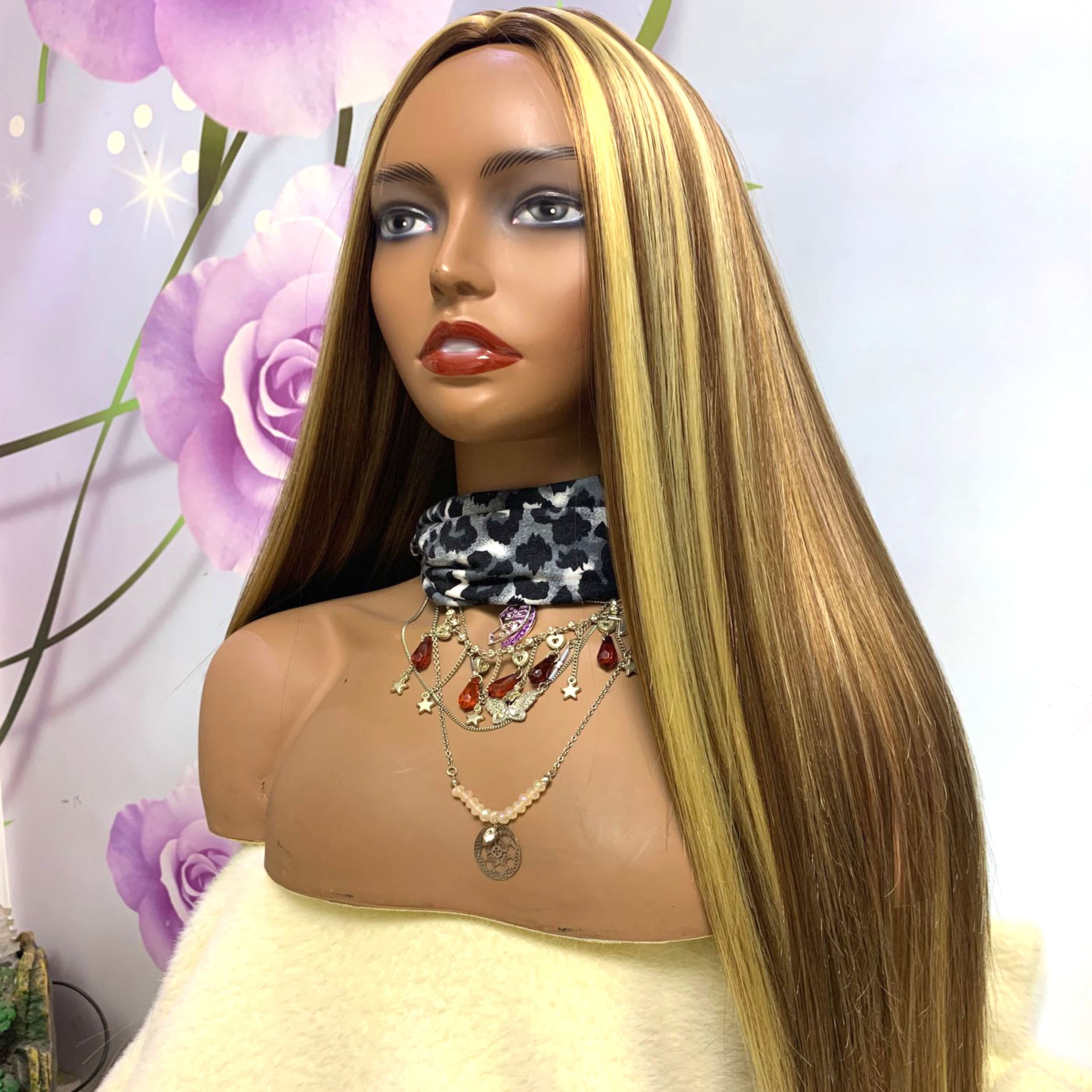 Highlight Color Fiber Wigs with Middle Deep Part Silky Straight Hair Glueless Ombre Synthetic Wigs with Pre Plucked Small Cap