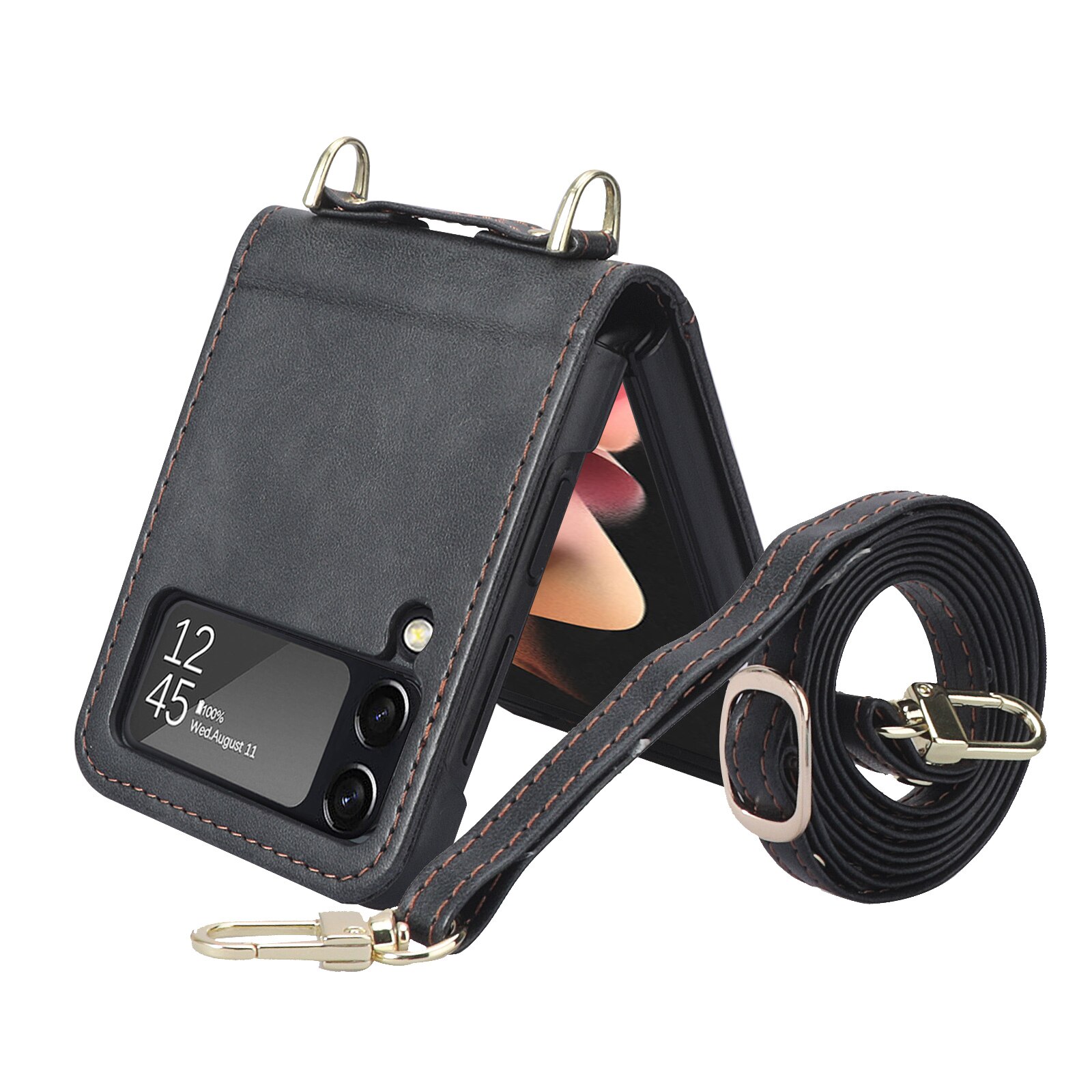 Lanyard Geïntegreerde Schokbestendig Card Slot Leather Case Voor Samsung Galaxy Z Flip 3 Flip3 5G Anti-Kras Beschermende telefoon Cover