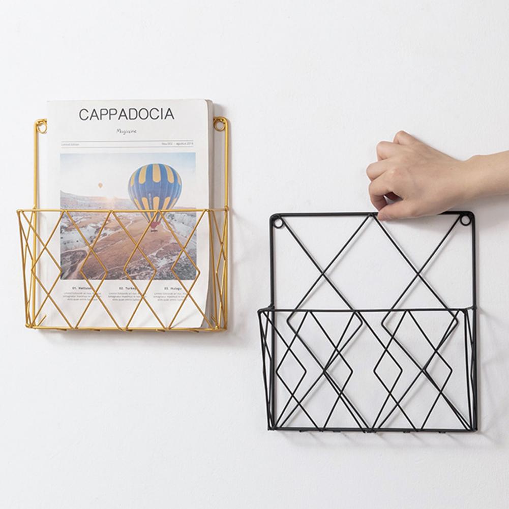 Household Wrought Iron Wall Shelf Modern Style Space-saving Chic Grid Room Wall Mounted Magazines Storage Rack Supplies