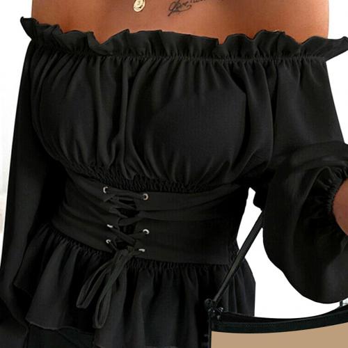 Kvinnor skjortjacka kappa höst casual enfärgad långärmad volang nederkant off shoulder toppblus: Xl / Svart