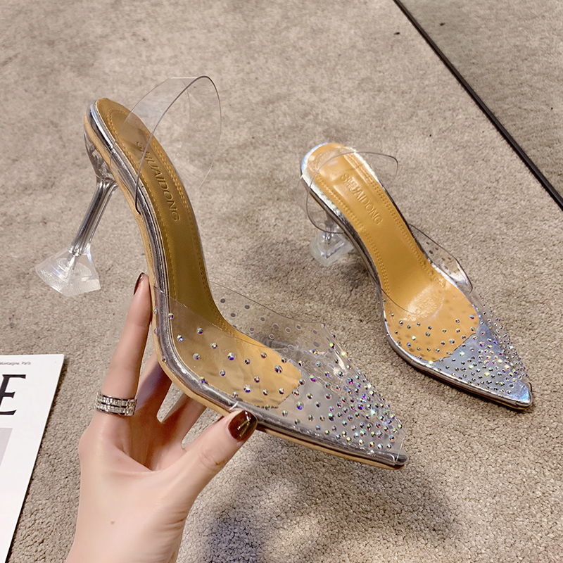 Transparent krystal bryllupsfest sko til kvinder høje hæle sandaler tynde hæle slingback pumps dame sko efterår kvinder sko