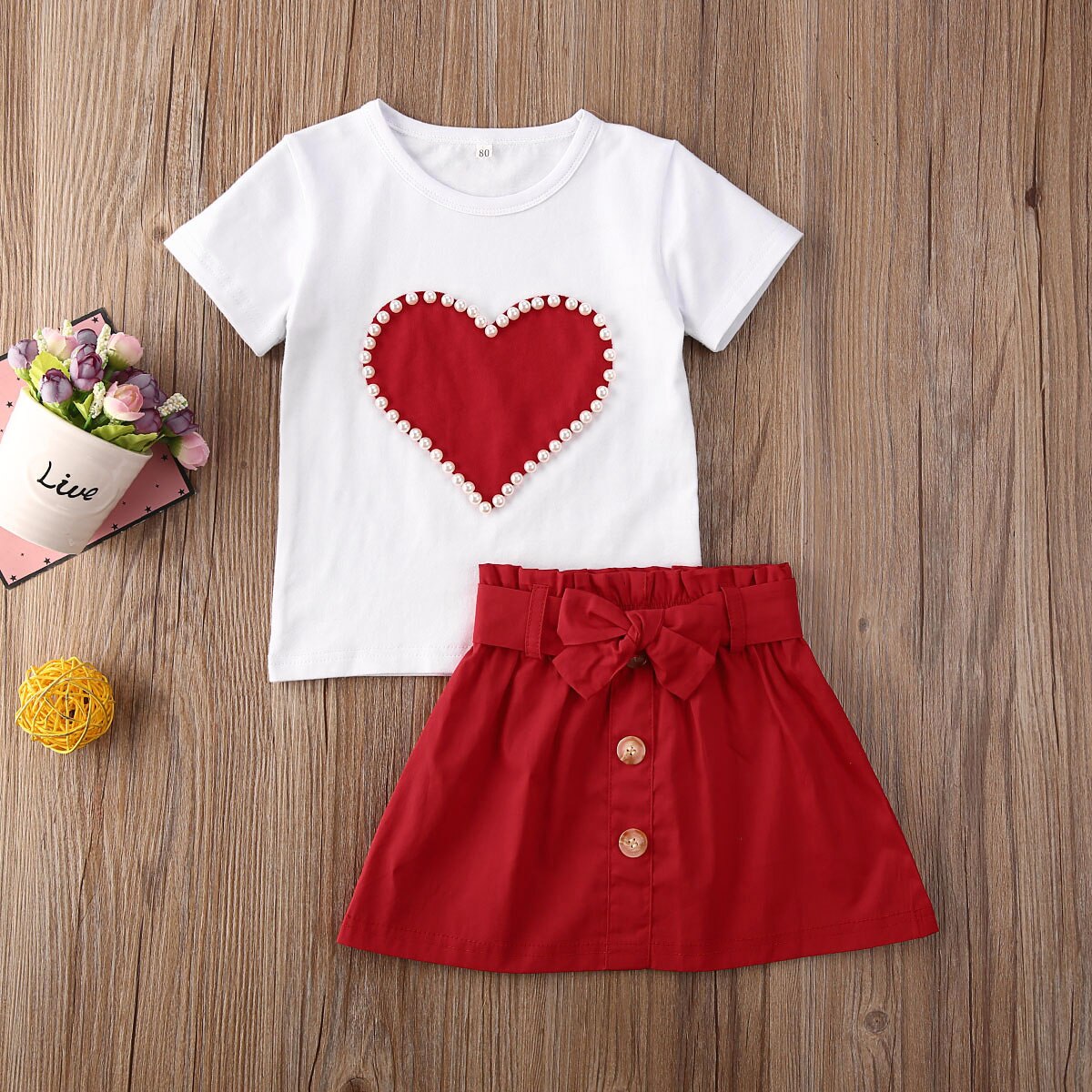 Baby Summer Clothing 1-5T Infant Kid Valentine Clothes Pearls Heart Top Shirt Skirt 2Pcs Set Outfit