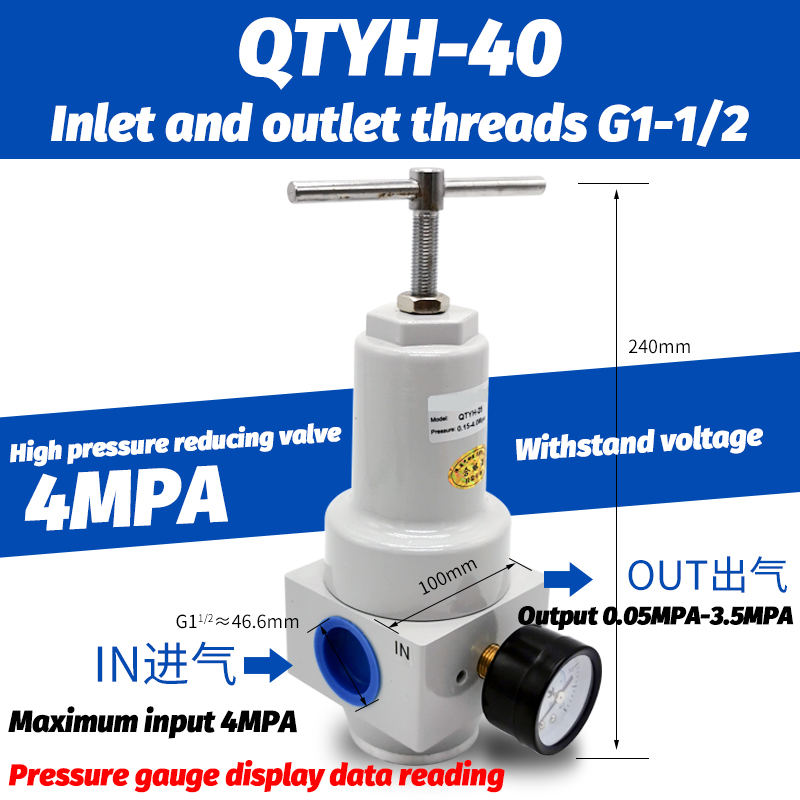 Pneumatische Qtyh Hoge Druk 0 ~ 40 Bar Luchtregelaar Met Meter Poort 1/4 3/8 1/2 2 Inch Bsp 1/2 "Qtyh QTY-08 10 15 20 25 32 40 50