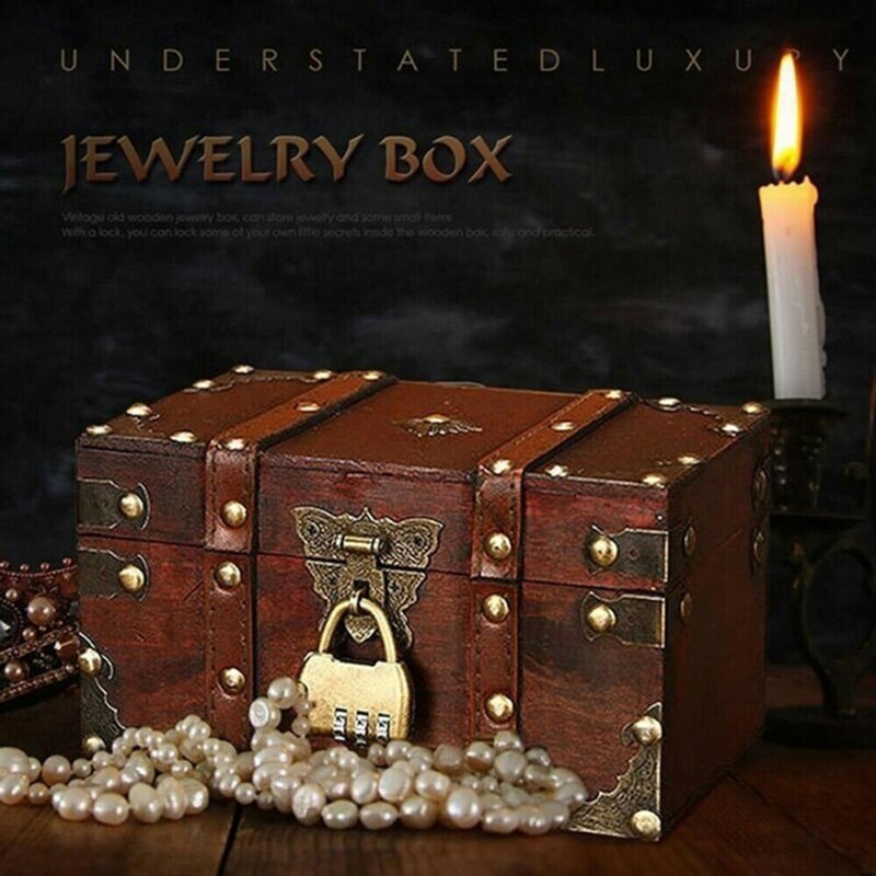 Retro Treasure Chest Wooden Jewelry Trinket Storage Box Case Holder With Lock