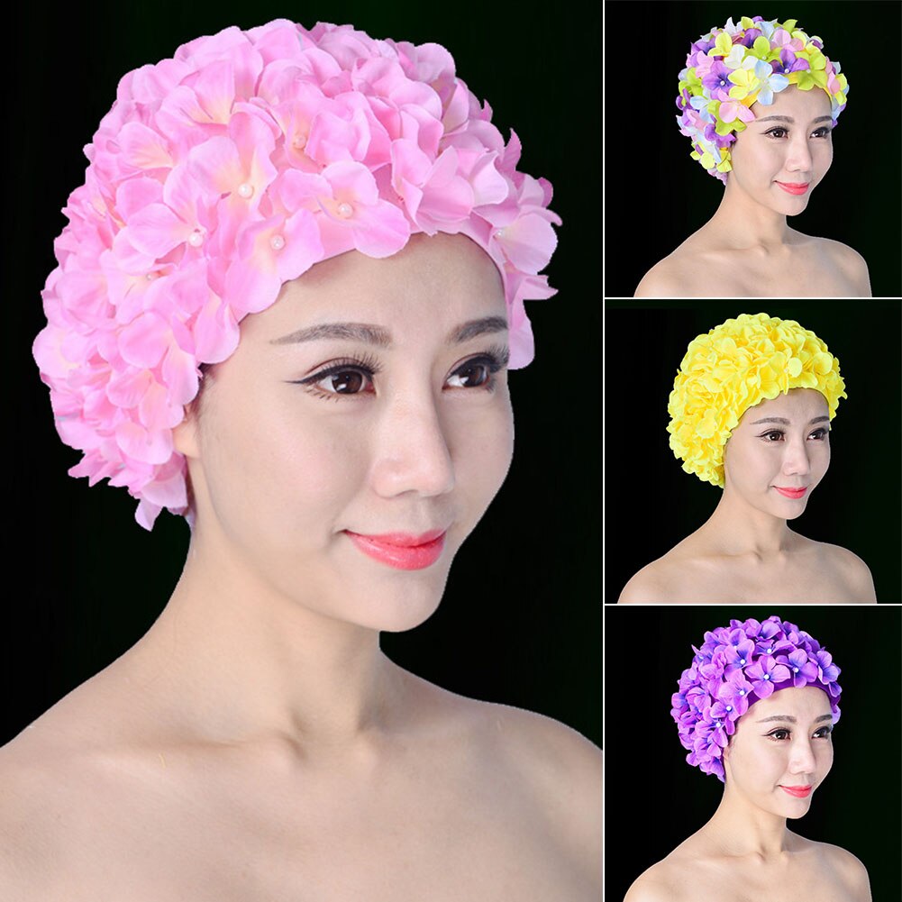 Kvinner badehette unik blomsterdykking strand myk beskyttelse vannsport fri størrelse langt hår solid elastisk håndlaget pustende