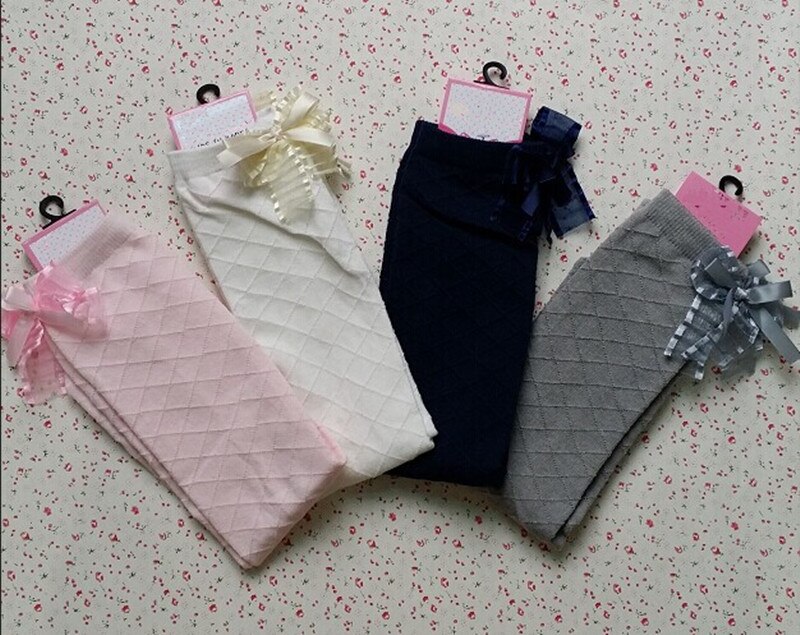 1 Pair Girls Socks Knee High Bowknot Plaid Style Children Kids Causal Elastic Socks Solid Colors For 2-8 Years Girls