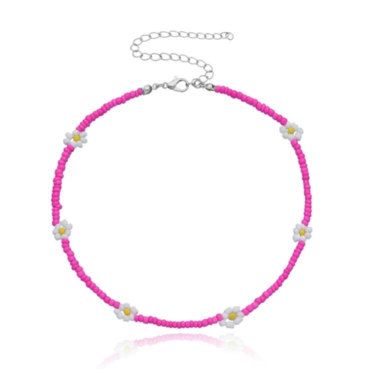 Collier ras du cou court pour femmes, jolie chaîne de perles colorées avec des fleurs de marguerite, bijoux de , coréenne: rose red