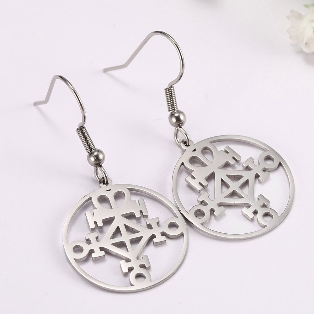 Skyrim viking kompass flower of life amulett øredobber rustfritt stål talisman dangle øredobber smykker for kvinner jenter