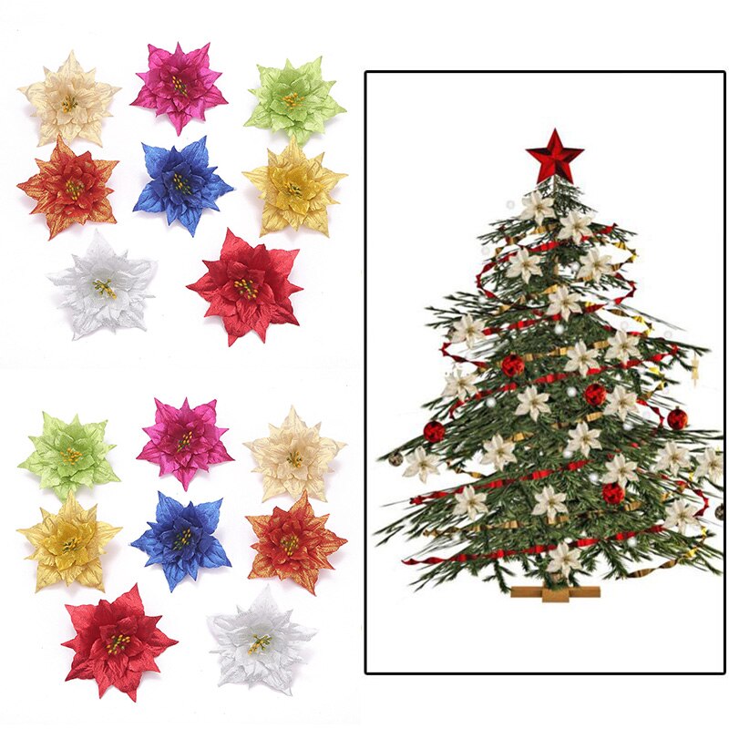 Artificial Flowers Glitter Poinsettia For Decoration DIY Home Wedding Decoration Flower Head Christmas Tree Decoration Supply