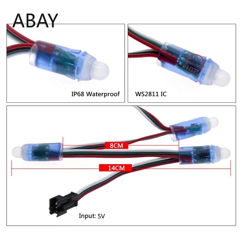 50pcs DC 5V input WS2811 Full Color LED Pixel Light Module 12mm IP68 waterproof RGB color 1903IC Digital LED christmas Light