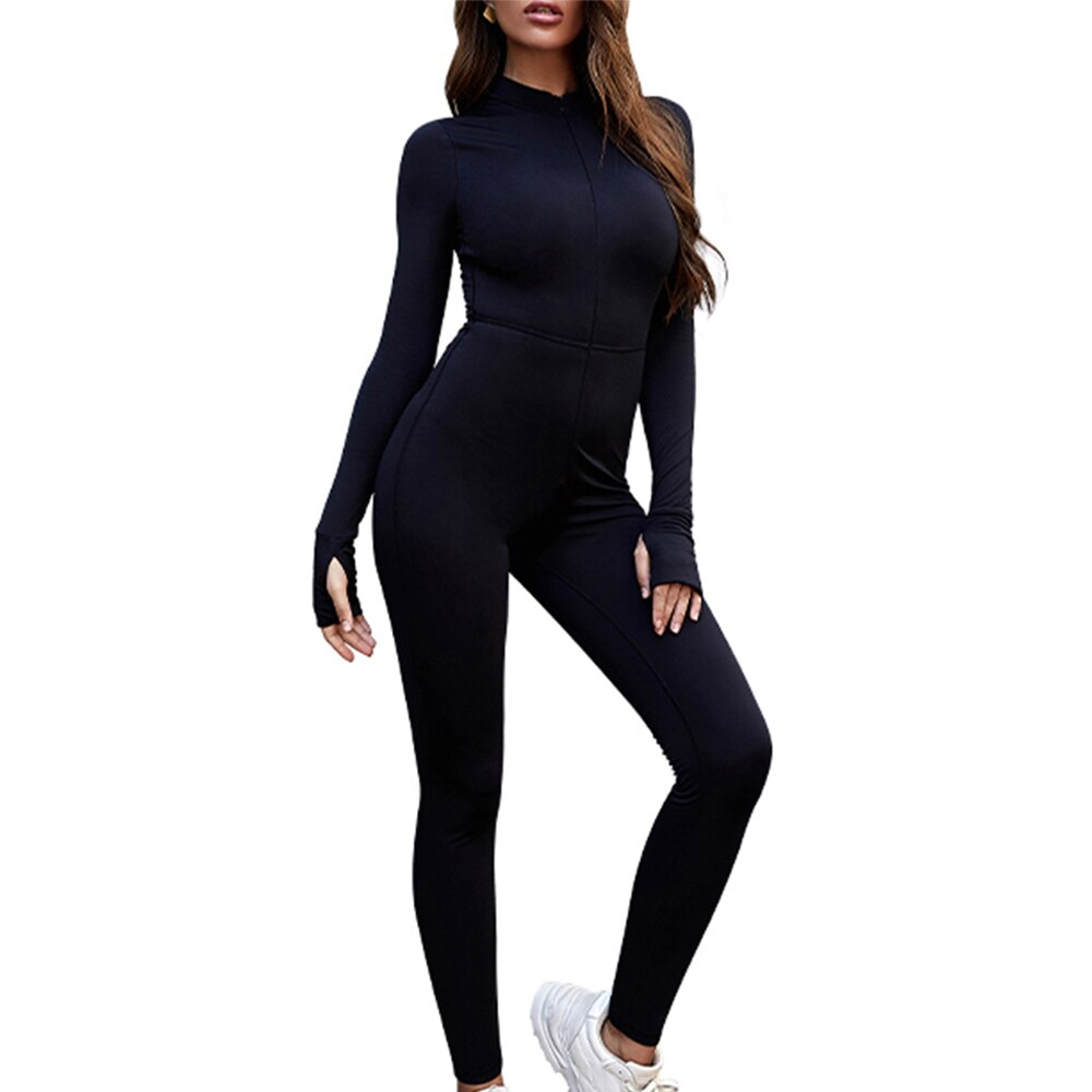 Sport Jumpsuit Women Solid Black High Elastic Long Sleeve Outfit Bodycons Fitness Tight Sportwear Slim Rompers Streetwear Female