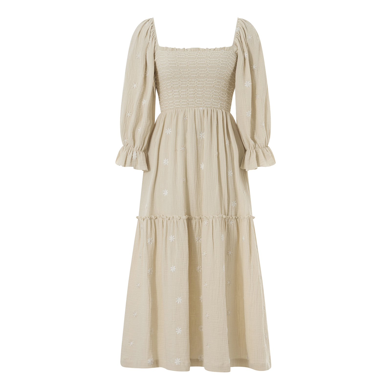 dame vår-høst lang kjole langermet kjole firkantet hals broderi blomster løs swingkjole med lomme: L / beige