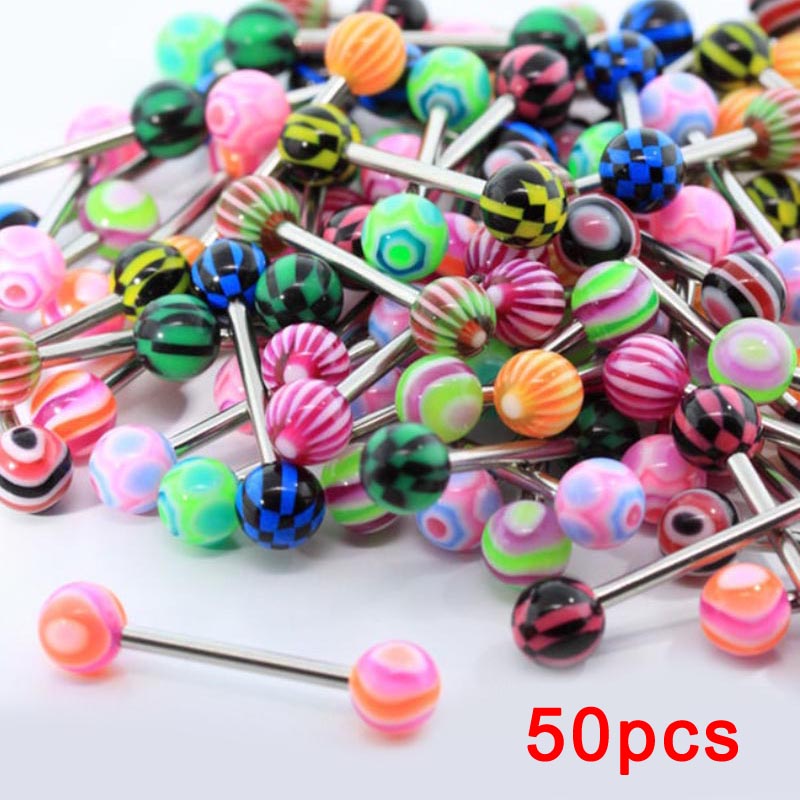 10/20/30/50/100 Pcs Dubbele Acryl Bal Tong Tepel Oor Ringen Bars Barbell Plug tunnel Body Piercing Sieraden Willekeurige Kleur @ M23: 50pcs