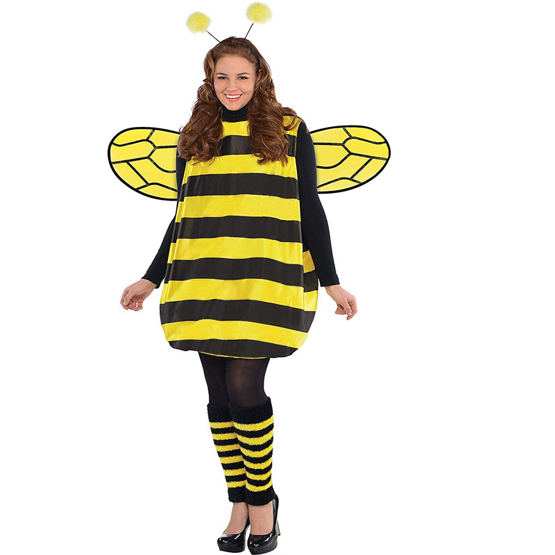Xmas Costumes Women Kids Halloween Cosplay Set Halloween Bee Dress with Wings Headband Leg Sleeves for Role-playing Accessories: M