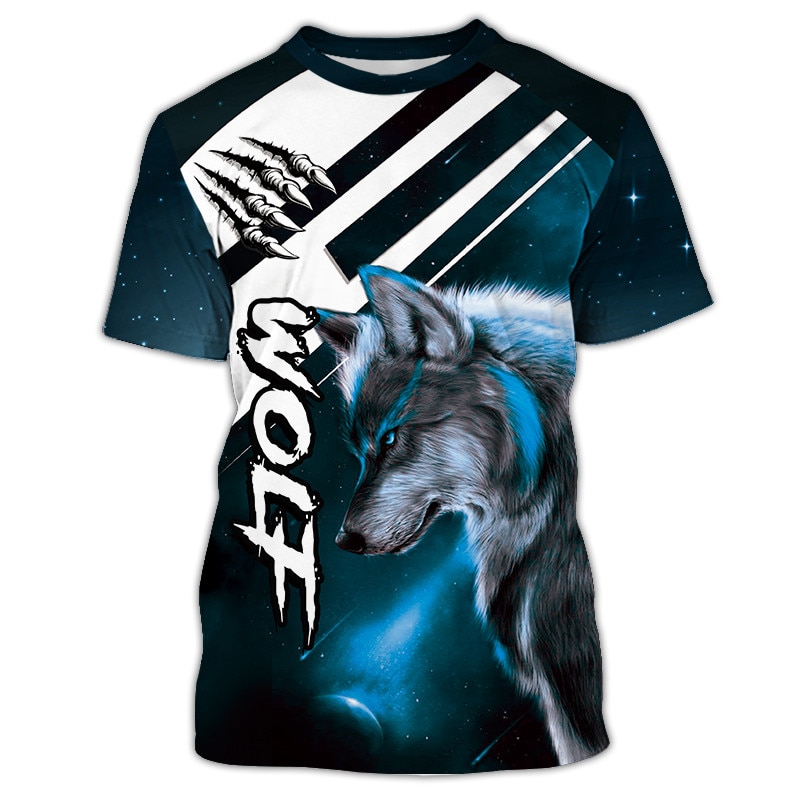 Redcats Cool blue galaxy graffiti wolf print 3D short sleeve men's T-shirt