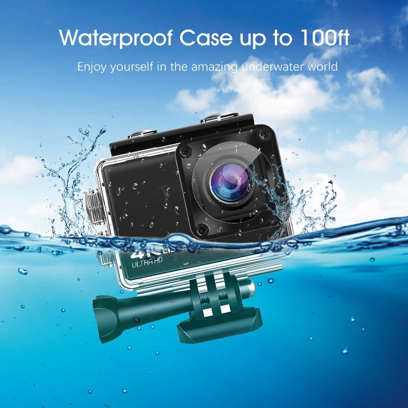 GOOKAM Sports Camera 4K 30 fps WiFi, Waterproof Camera 40 m with 170 Degree Wide Angle, External Microphone 2.4 G, Remote Control, EIS with 2 Batteries 2 x 1050 mAh and Accessory