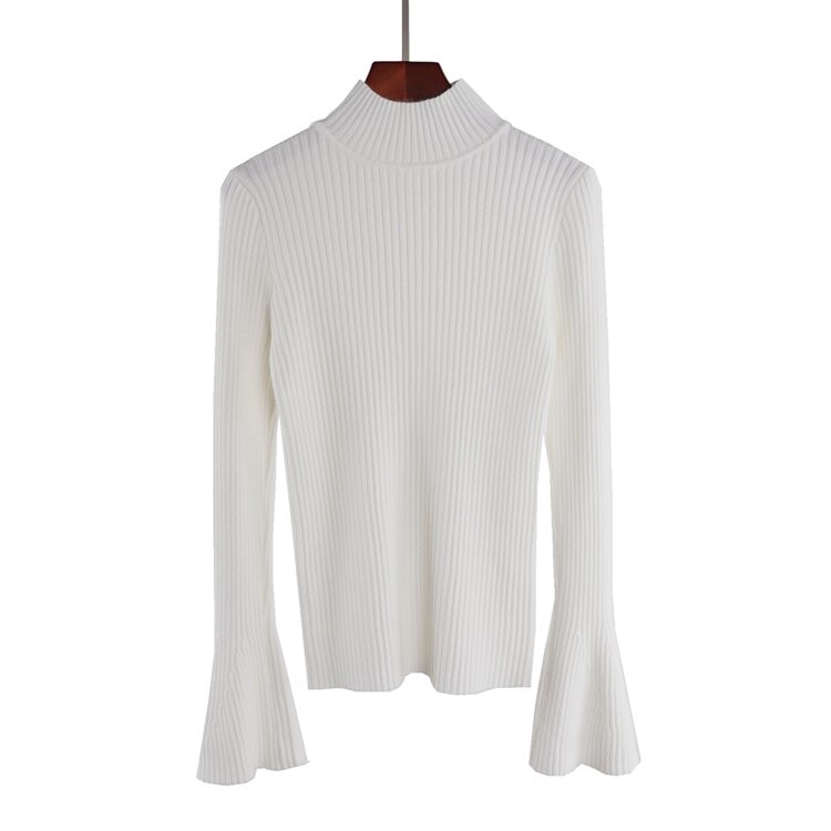 Vintage bell sweater kvinder retro halvhøj hals flare ærme pullover jumper kvindelig elastisk slank talje strikkede trøjer: Hvid