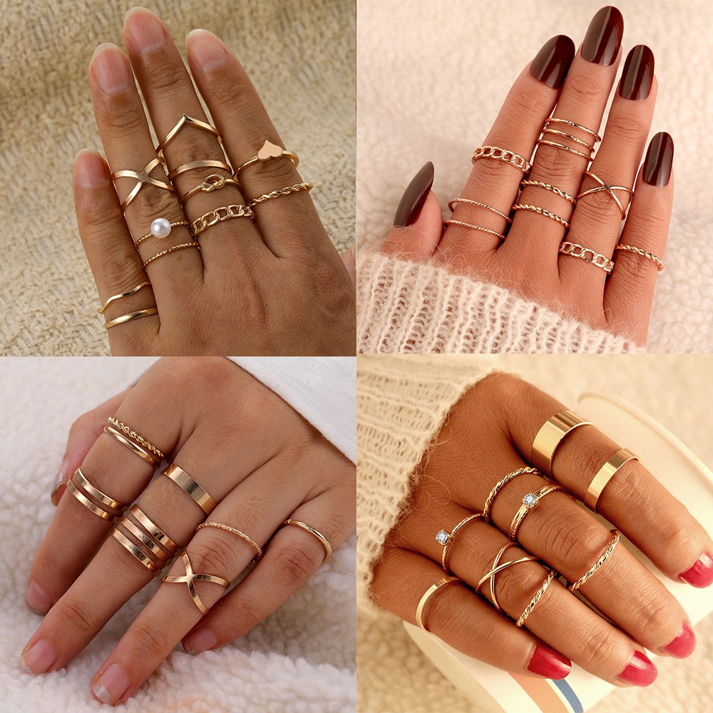 Vrouwen Gold Twist Parel Parel Ringen Set Mode Geometrische Hollow Crystal Ring Voor Vrouwen Hart Joint Ringen Boho Jewelr Accessoires