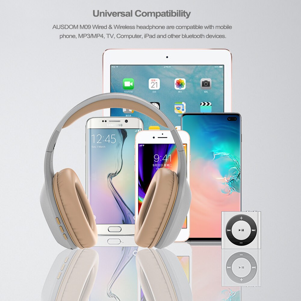 AUSDOM M09 Wireless Headphones Bluetooth 5.0 Headset Foldable Deep Bass Bluetooth Headphone for iPhone Xiaomi Support TF Card