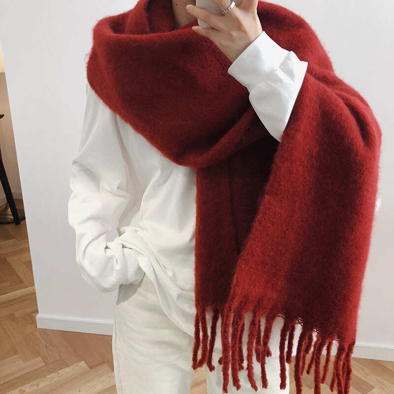 Vinter kvinder tørklæder solid afslappet kvast kvinders mohair tørklæde tykkere varme lange tørklæder femme sjal streetwear: Rød