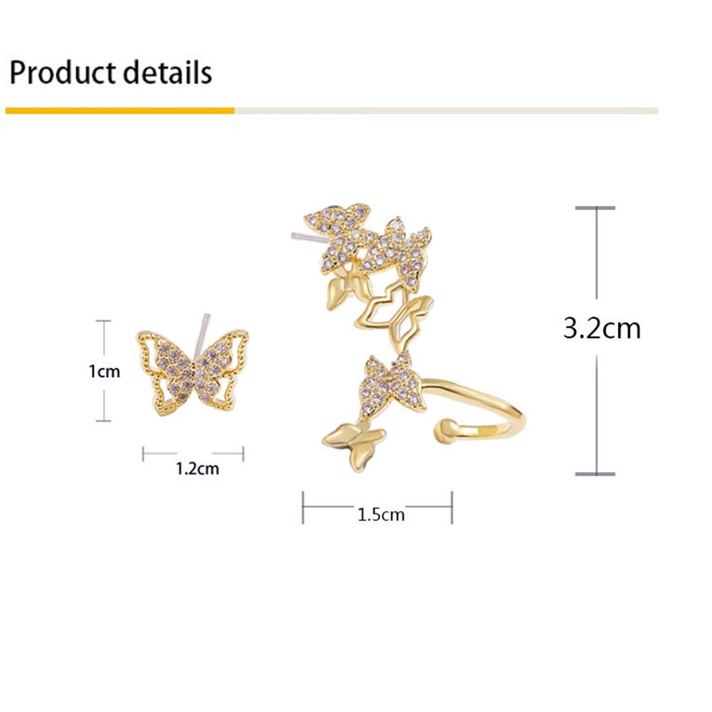 1 Paar Volledige Boor Asymmetrische Vlinder Oorbellen Hollow Golden Ferry Vlinder Crystal Ear Bone Clip Voor Vrouwen Sieraden