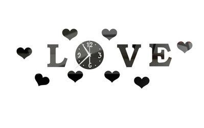 Reloj de pared de 3D, reloj de pared adhesivo con espejo, pegatina de reloj grande, decoración para el hogar, , pegatinas de pared DIY: LOVE Black