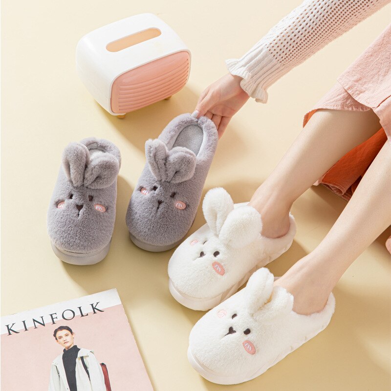 Winter Vrouwen Thuis Katoen Slippers Indoor Gezellige Zachte Glijbanen Schattige Konijn Oor Platform Schoenen Cartoon Bunny Antislip slippers