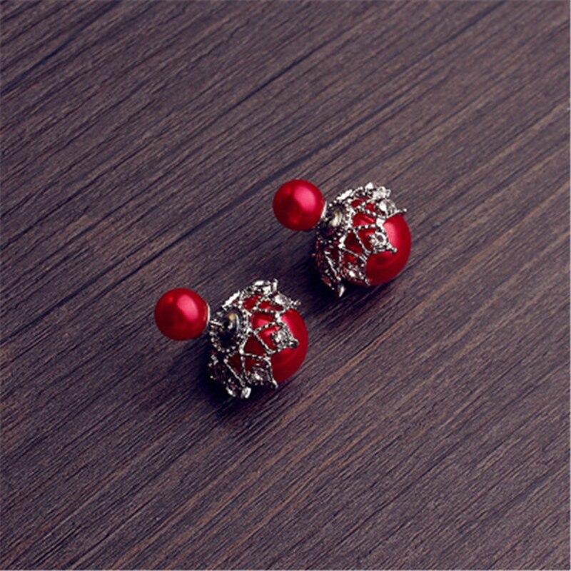 Boucle d'oreille en alliage de dentelle pour femmes, 1 paire, en cristal, Double face, perle, boule, bijoux à la ,: red